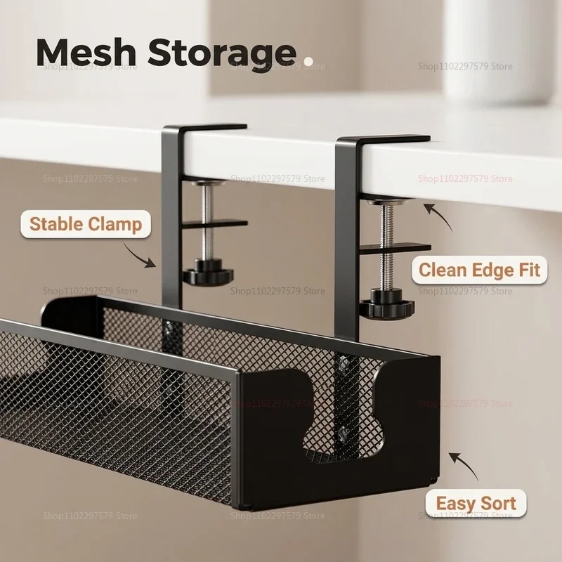 Large Capacity Clip-On Under Desk Cable Organizer - No Drilling Required, Space Saving Metal Cable Storage Basket for Home Desk
