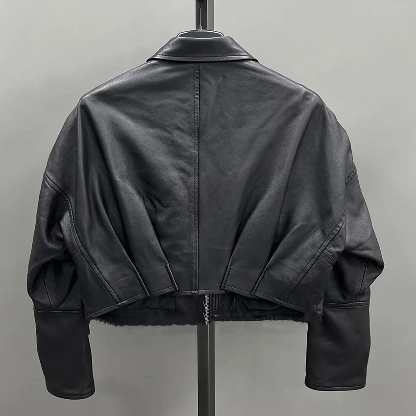 JANEFUR femmes printemps noir en cuir véritable veste courte en peau de mouton manteau automne lâche en cuir véritable pardessus JFB6-25002