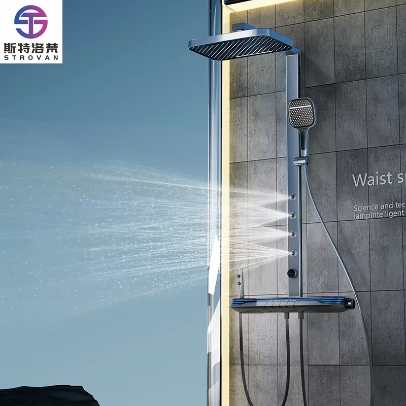 

Dark Grey Modern Shower Set Luxury Four Functions LED Digital Screen Waist and Back SPA Massage Rain Spray Square Head Faucet