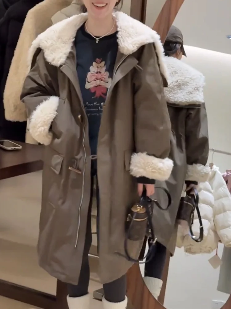 

Корейское длинное пальто из овчины с капюшоном, утепленное, с темно-синим воротником, хлопковая куртка, зимняя верхняя одежда, женская модная одежда для повседневной носки