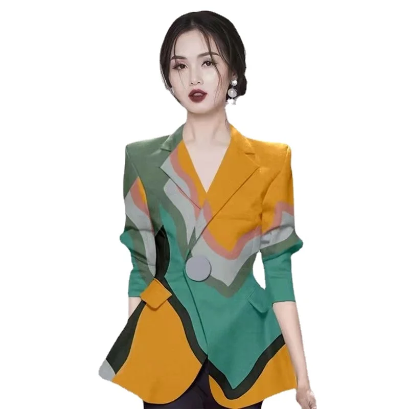 printed Fashion women's jacket 2023 spring new temperament goddess fan all-match slim suit trend