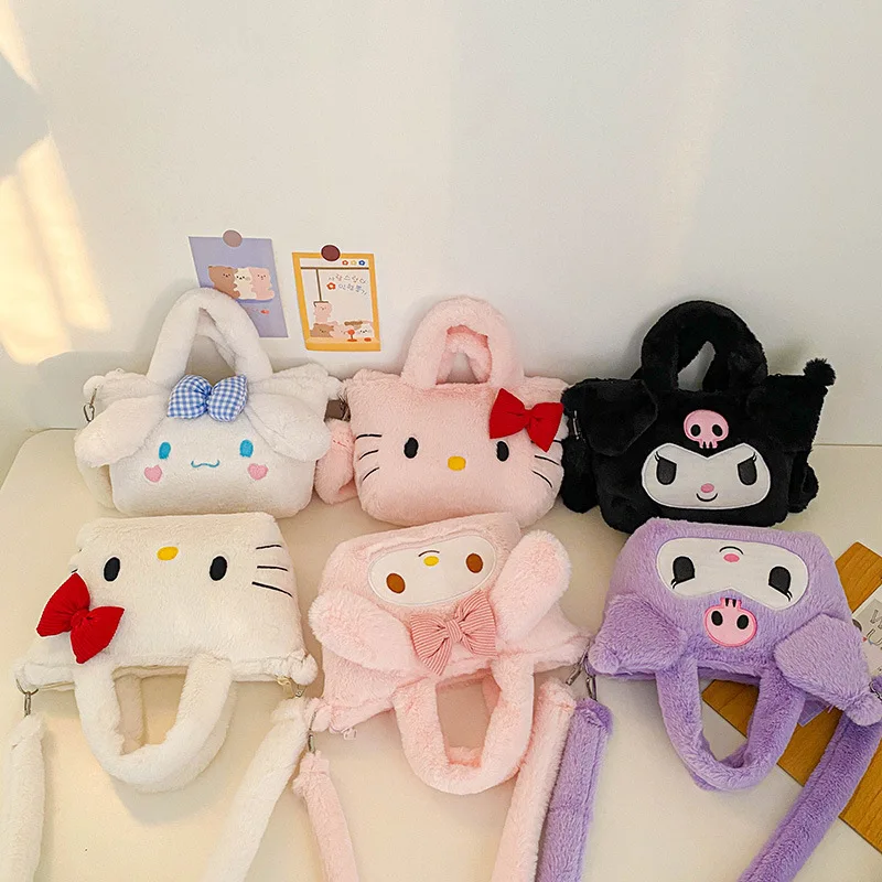 MINISO Sanrio Plush Bag Kawaii Kuromi Cinnamoroll Melody Cartoon Anime Handbag Crossbody Cosmetic Travel Storage Bags