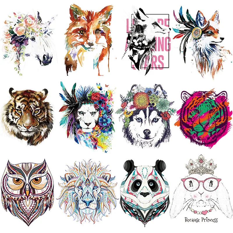 Children's Clothing Patches, Iron on Colorful, Tiger, Wolf, Dog, Cat, Owl, DIY T-shirt, Heat Transfer Stickers