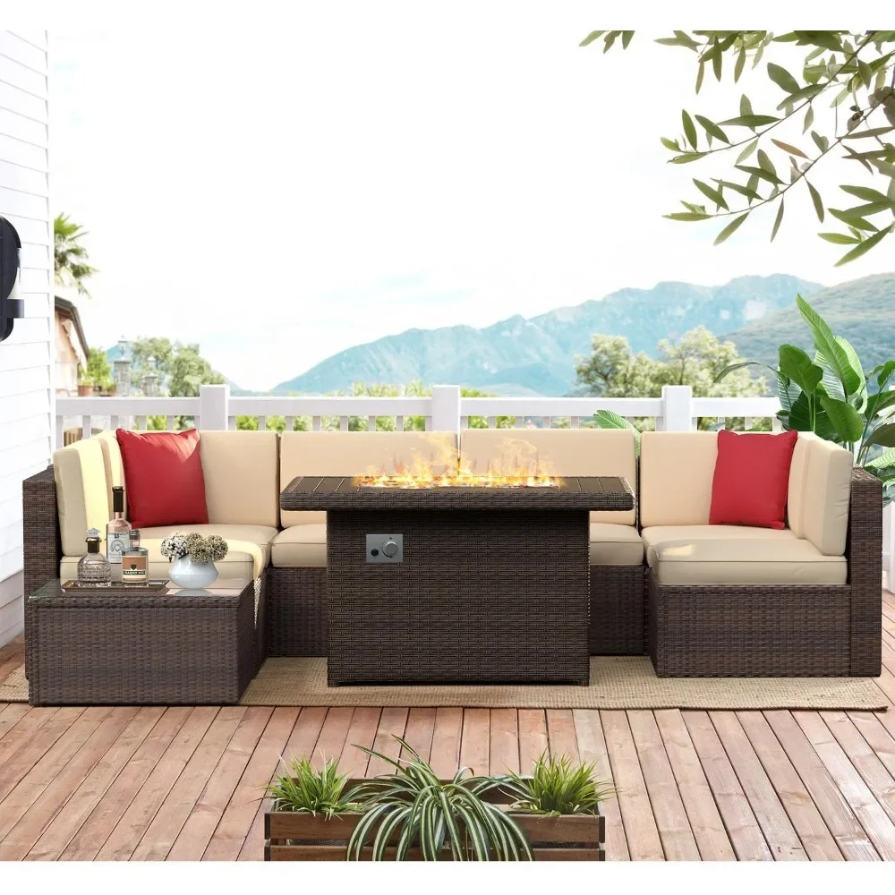 

8-Piece Patio Furniture Set with 40” Fire Pit Table Wicker Conversation Outdoor Sectional 8pcs Set w/Fire Pit Sofa Set