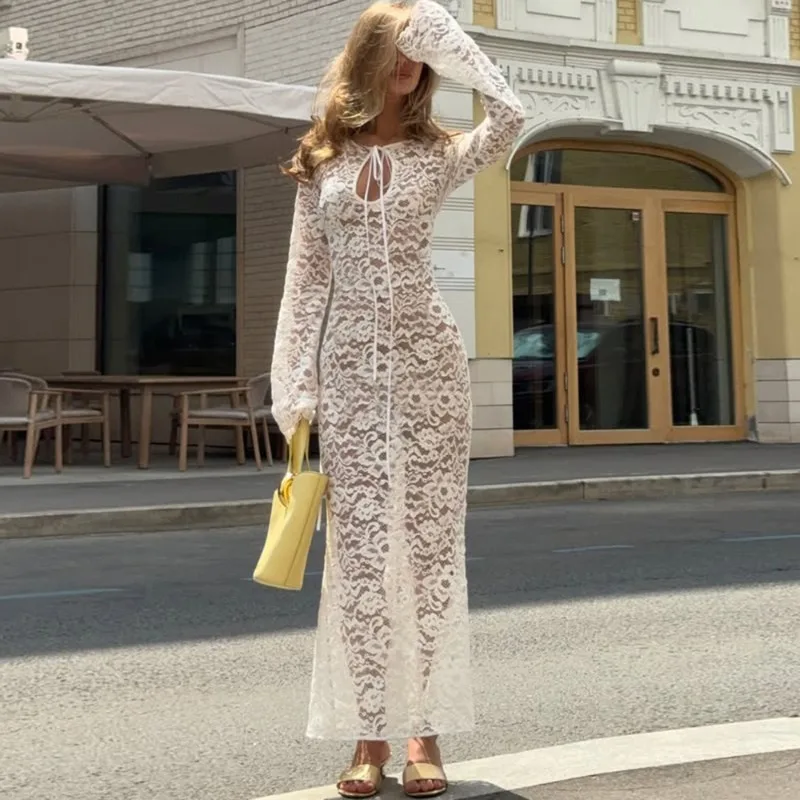 

Talenza White Lace Dress Sexy See Through Long Sleeve V Neck Dresses Elegant Party High Waisted Women Evening Dresses Vestidos