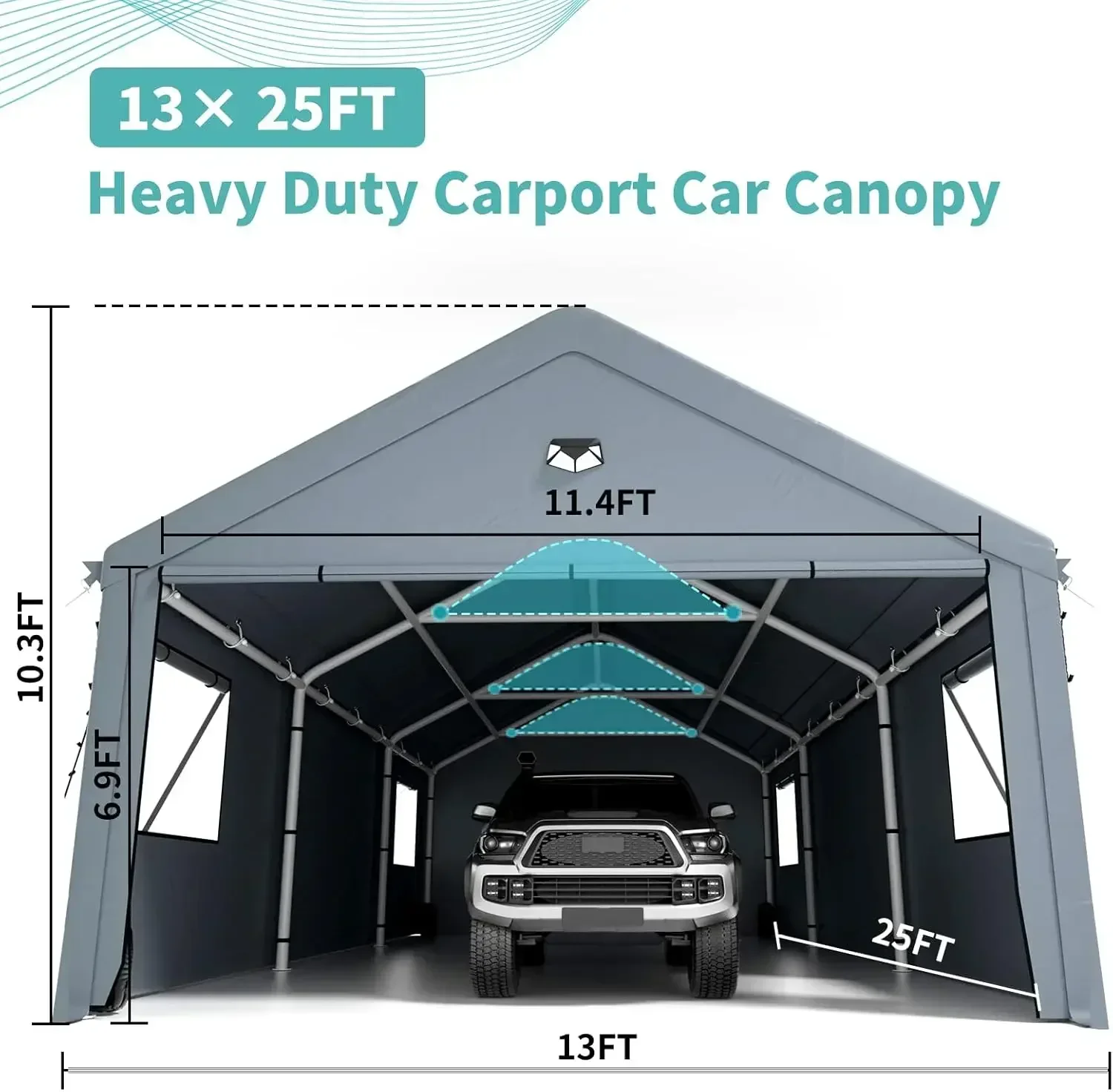 Durable Carports 13X25 Heavy Duty,Car Ports With 180G Removable Side Wall,Portable Car Port Garage,Carport Canopy, Car Shelter A