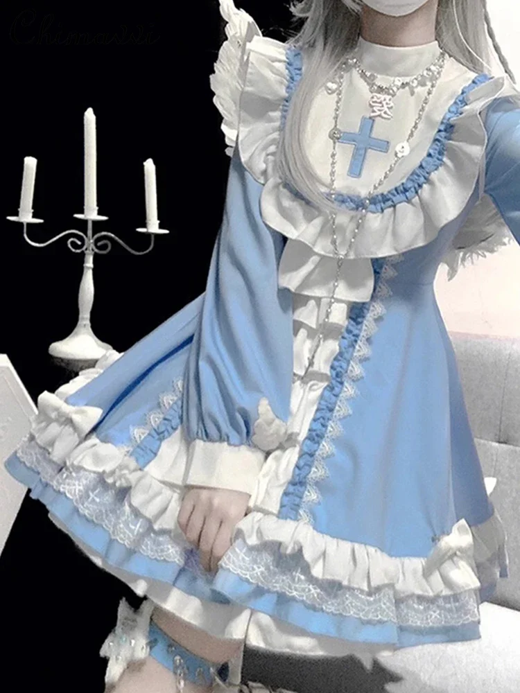 Japanese Gothic Lolita OP Dress Autumn Women Kwaii Bow Ruffles Blue White Patchwork Princess Dresses Sweet Girl Daily Dress