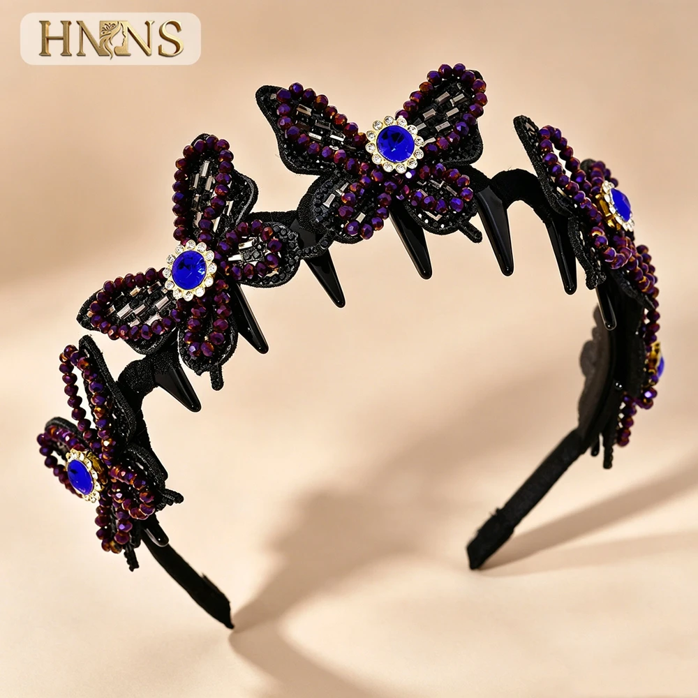 HNNNS Luxury Handmade Beads Butterfly Hairband Sparkling Blue Crystal Non Slip Tooth Head Hoop Ladies Elegant Hair Decor YXA433