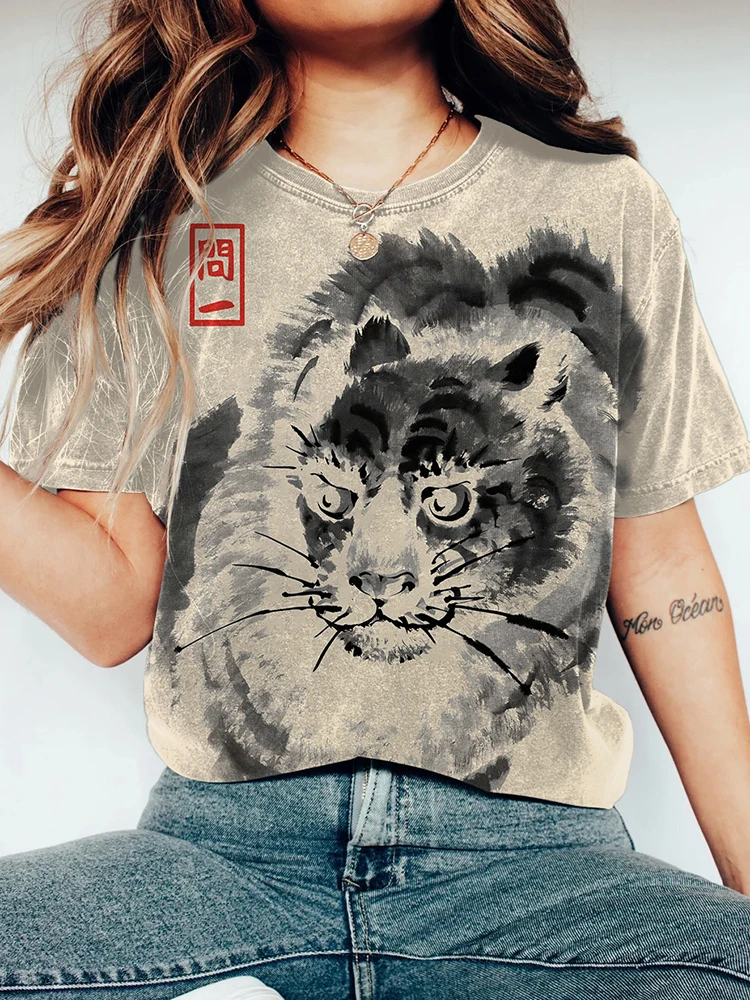 Camiseta Feminina de Manga Curta com Gola Redonda, Tamanhos Grandes, Moda Verão, Retro, Arte Japonesa, Flor, Tigre, Estampa Sapo, Top Casual, XXS-6XL