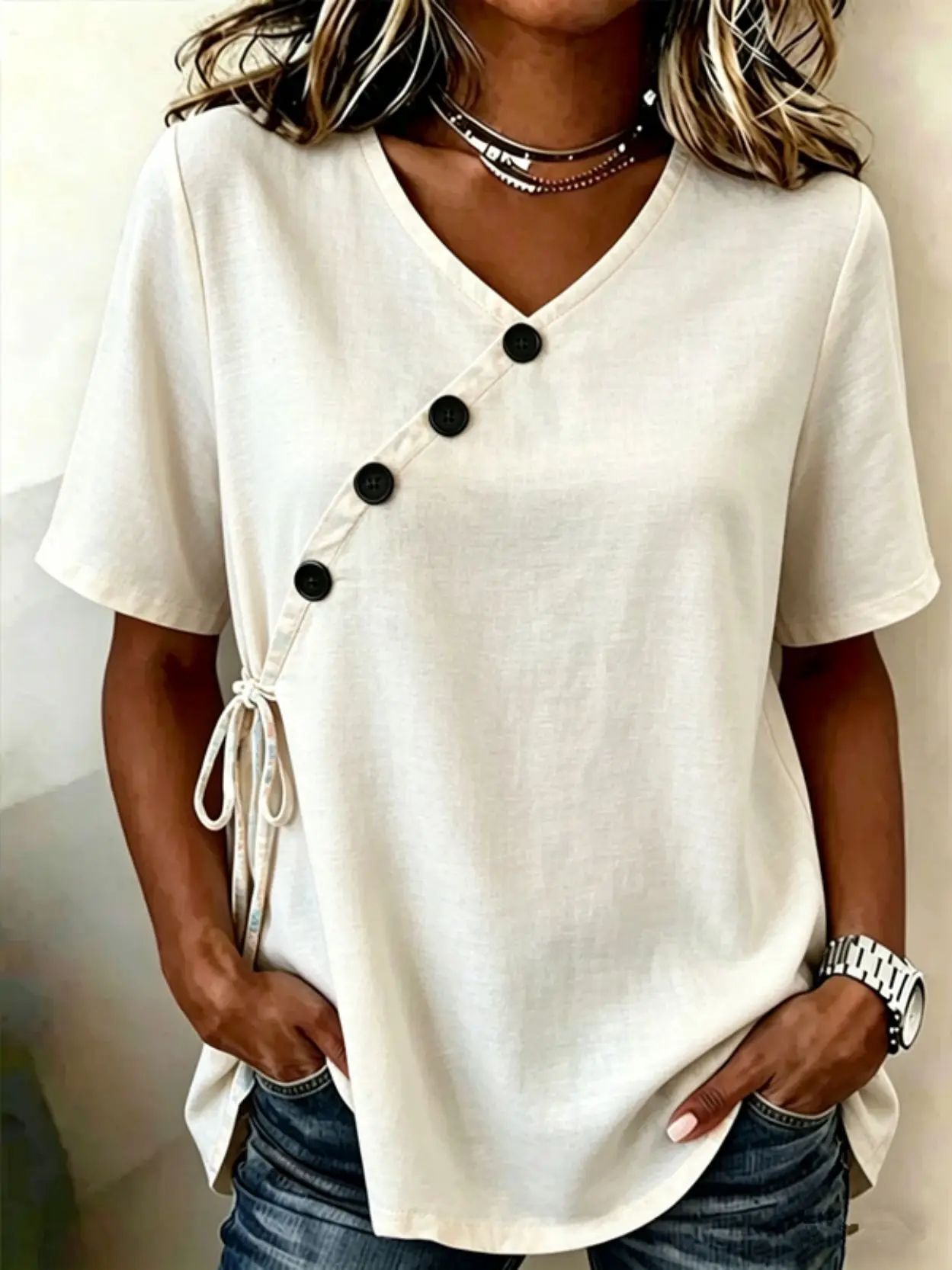 Wrap V Neck Short Sleeve Blouse Side Drawstring Casual Top Diagonal Buttons Loose Fit Women's Fashion