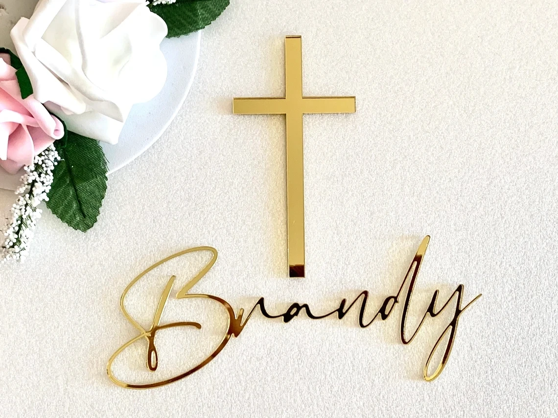 

Personalized Name Cake Charm & Cross Custom Christening Cake Topper Baptism Decor Laser Cut Name Cake Plaque Mirror Acrylic