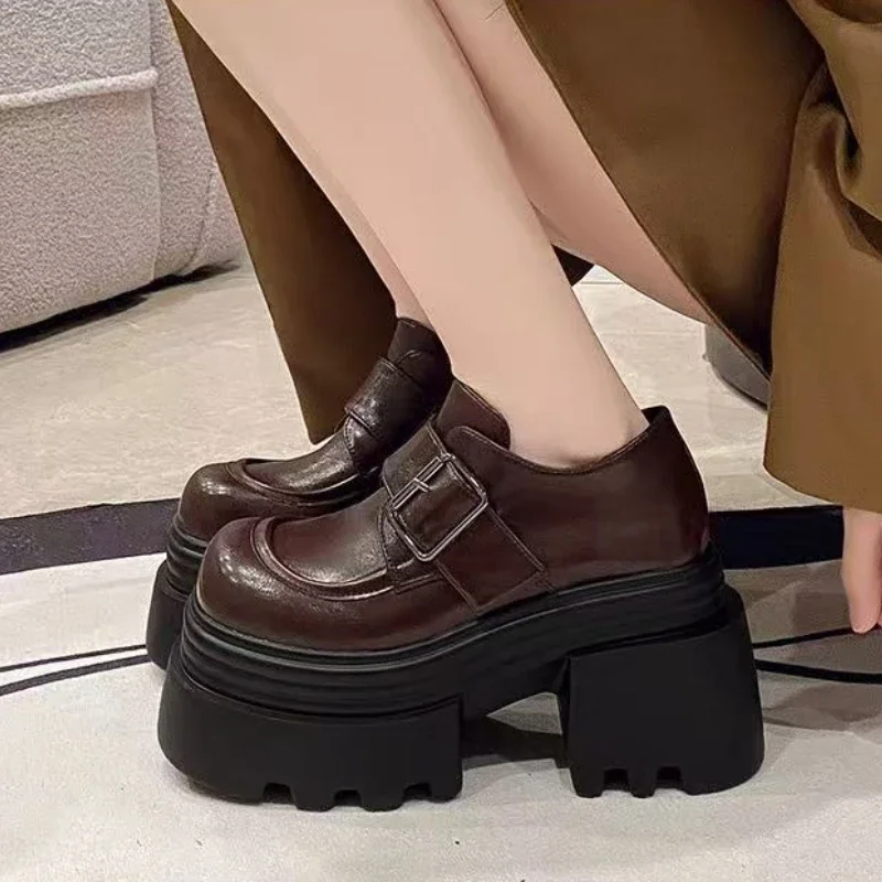 

British Style Women Shoes 2025 Spring New Thick Sole 10cm Height Increasing Loafers High Heel Versatile Slimming Single Shoe