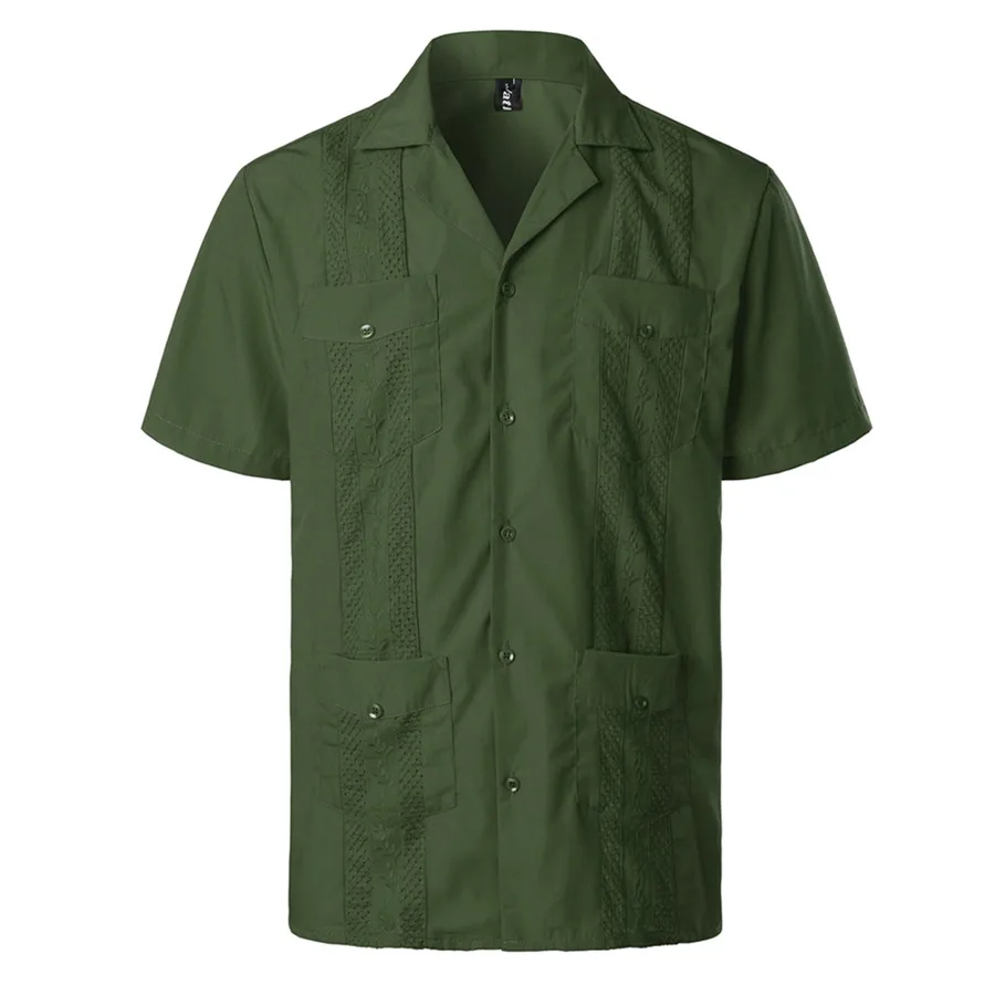 2026 New Summer Men's Guayabera Shirts Men Four Pockets Embroidered Short Sleeve Shirt Green Mexican Cuban Button Shirt Man