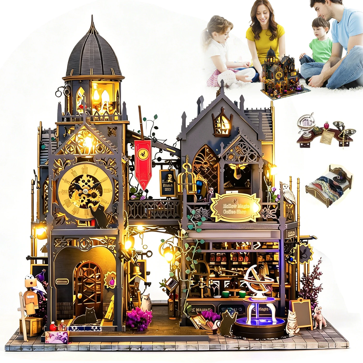 Miniatur-Schlossmodell, Holzpuppenhaus zum Zusammenbauen, aufwendige Schnitzerei, stressabbauendes handgefertigtes Kunsthandwerk, Wohndekoration.