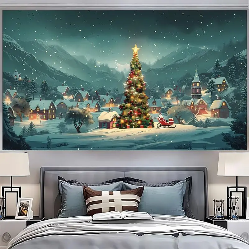 VIKAMA Wall Tapestry Christmas Snowy Village Sunset Glowing Tree Cabin Wall Hanging Dorm Room Aesthetic Xmas Wall Art Festive