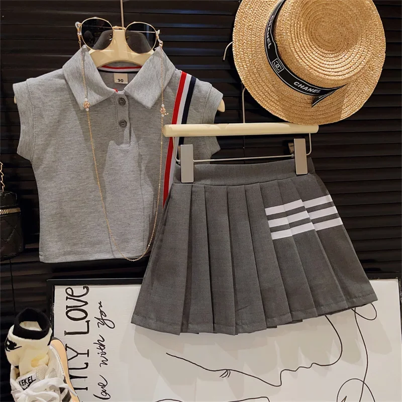 Girls 2024 Summer New Preppy style Polo Collar Striped Bat Shirt Top Pleated Skirt Two-piece Suit Girls Casual Dresses 10 to 12