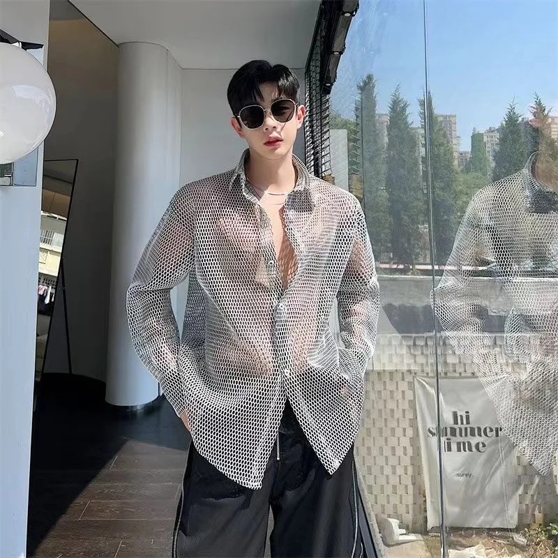 Silver Hollow Out Design Men Shirts See Through Sexy Tops Charming Allure Handsome Party Night Club Blouse Festival Holiday Tops