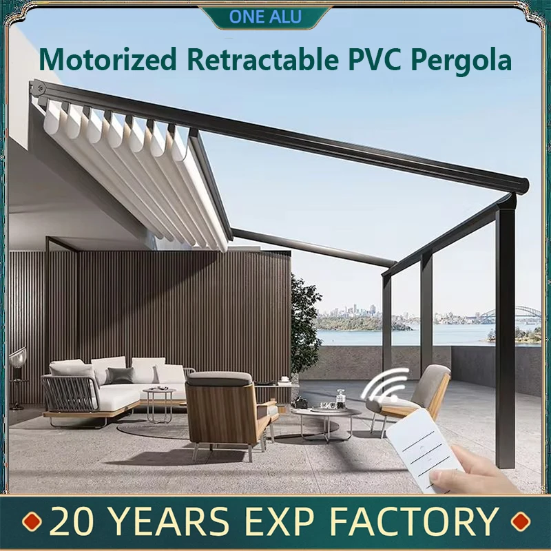 Custom size motorized waterproof sunproof retractable PVC pergola roof awning folding awnings motorized with LED for patio