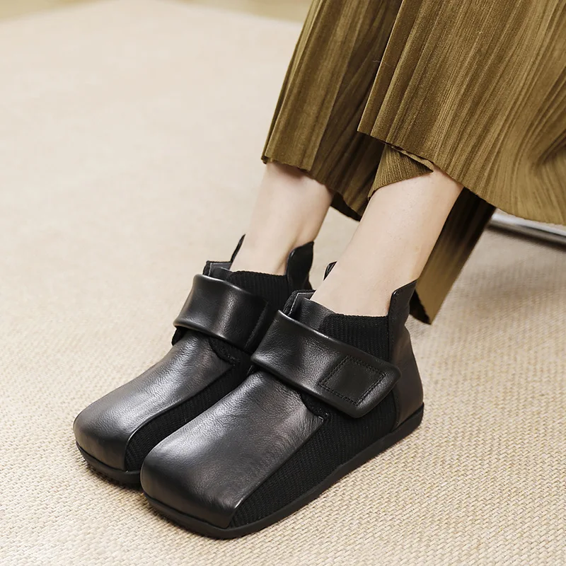 

GKTINOO 2023 Retro Square Toe Women Boots Flats Shoes Hook Loop Genuine Leather Luxury Short Boots Ladies Soft Soles Ankle Boots