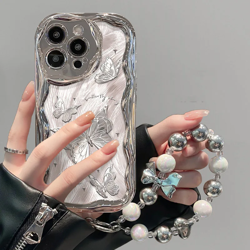 

Suitable For iPhone 15 14 13promax phone case feather silk butterfly chain silver plated For iPhone 12pro 11 silicone anti drop