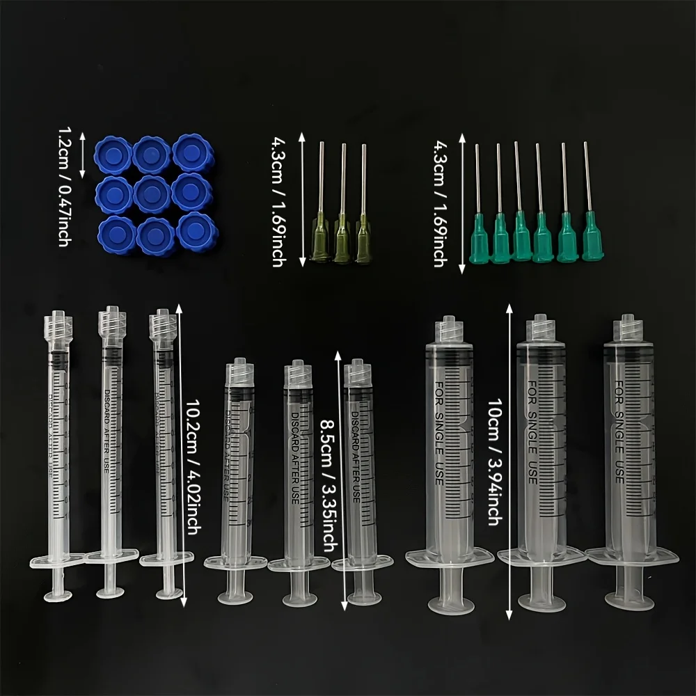 27pcs - 10 ml 3 ml 1 ml Industrial Injection Kit, with 14G and 18G Blunt Tippensing Needle and Flat Plug Stopper