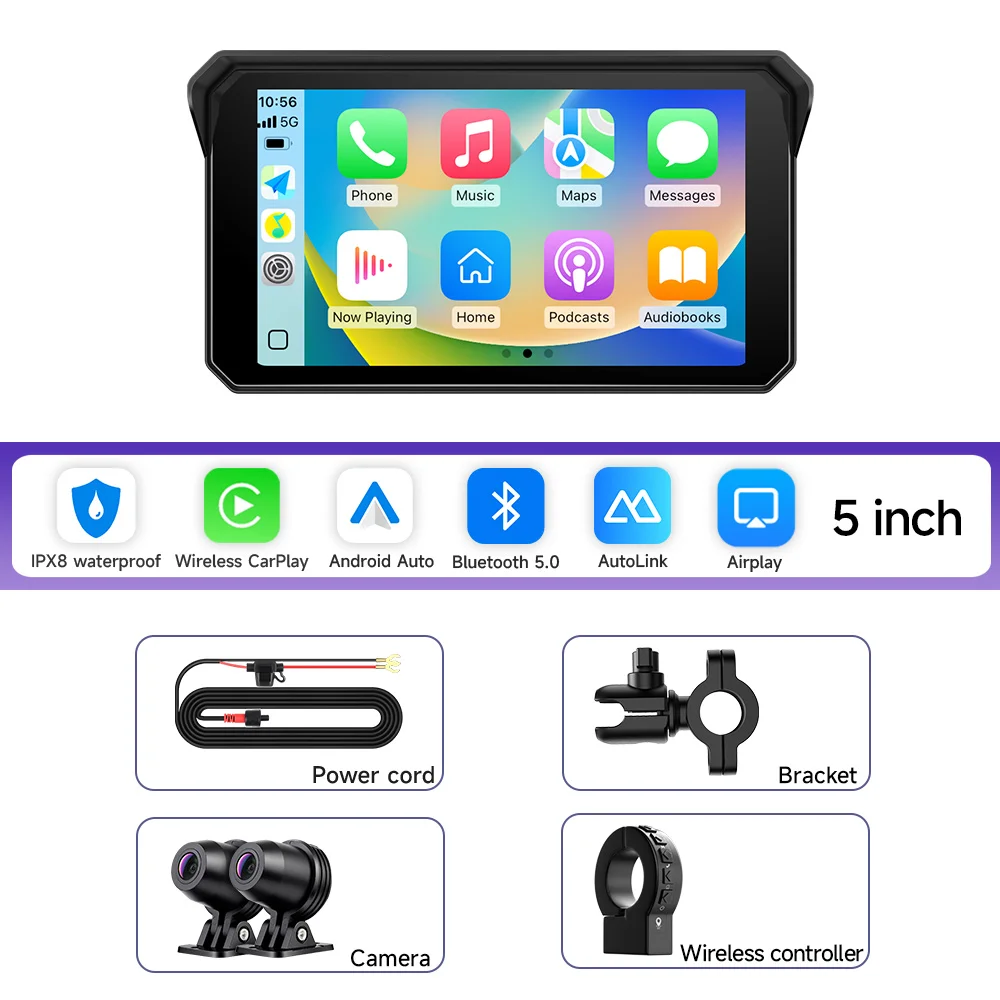 JIUYIN 5 inch draadloze CarPlay Moto Android Auto draagbare digitale motorfiets dashboard GPS motorfiets navigatie display scherm