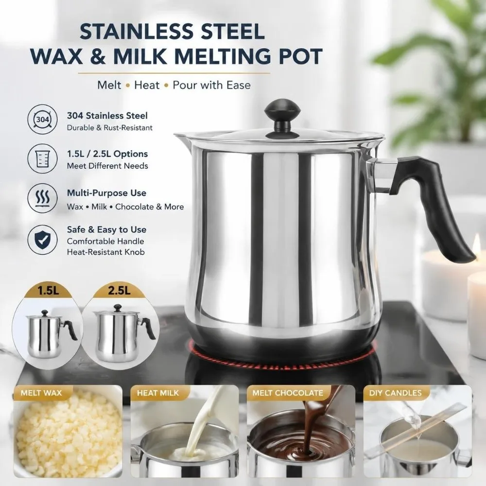 Stainless Steel Wax Melting Pot Heatproof With Lid Bee Wax Melting Pot Plastic Handle Multifunctional Heating