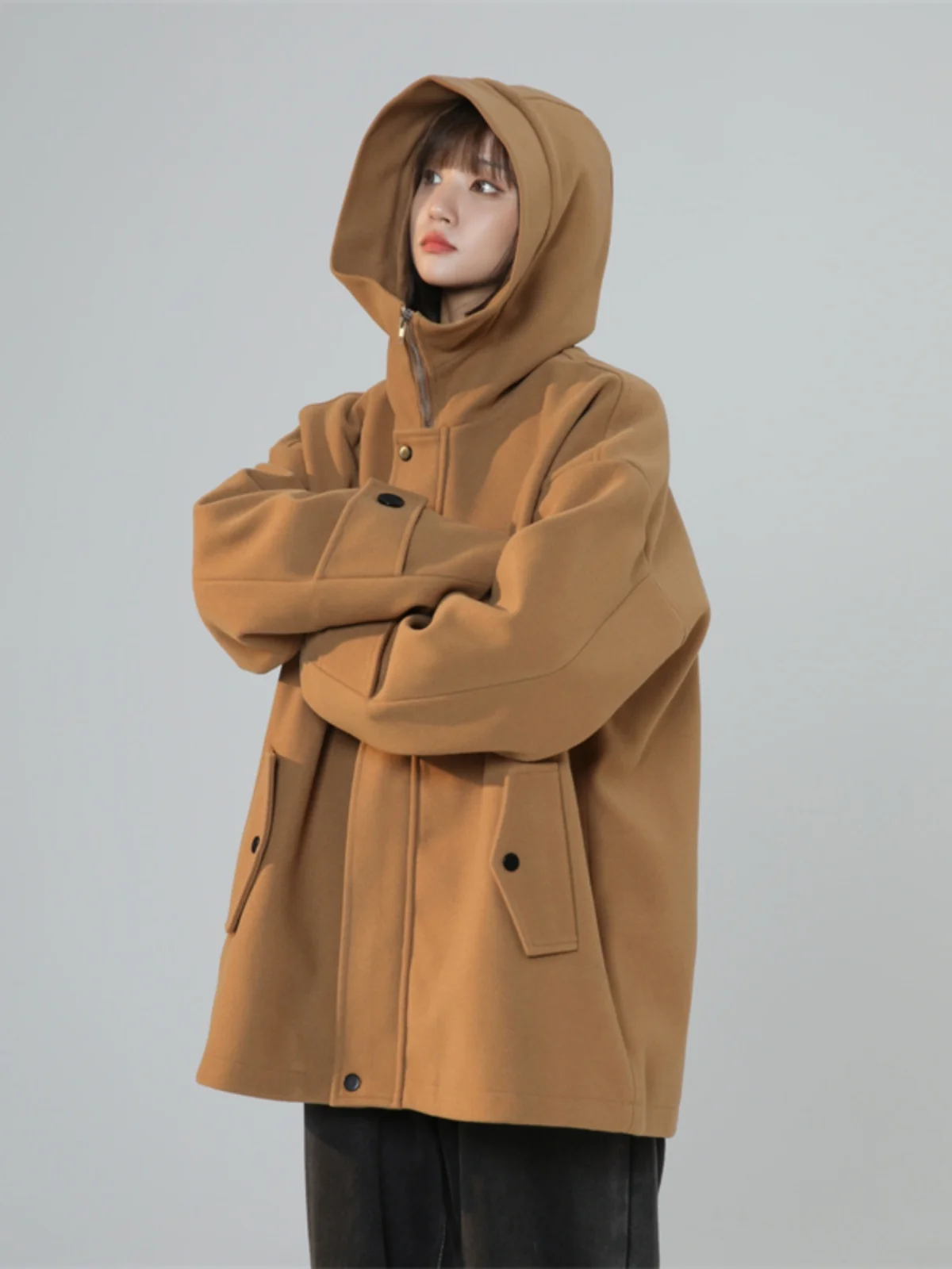 

Men's Woolen Coat Spring Autumn New Sle ort Loose Fit Hooded Jaet American High Street Trend Brand Pure Color Zipper De...