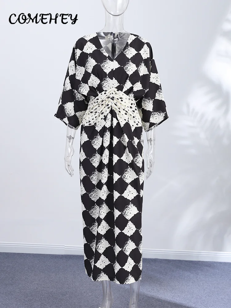 Fashion Women's Plaid Printed Long Dress V-neck Batwing Sleeve Waist Cinching Loose Dresses 2026 Summer Lady Casual Holiday Robe