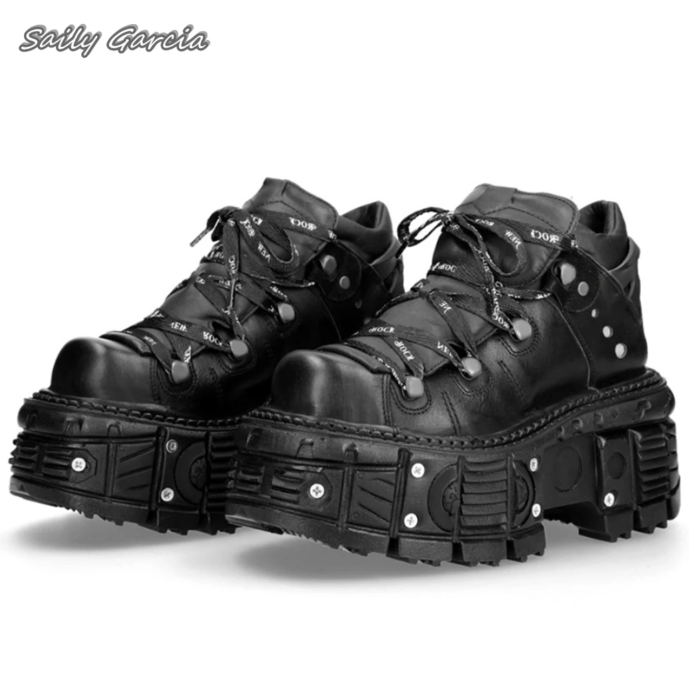 

Black Rock Punk Style Chunky Heel Motorcycle Boots Large Size Y2K Style Cool Girl Shoes Round Toe Platform Lace Up Casual Boot