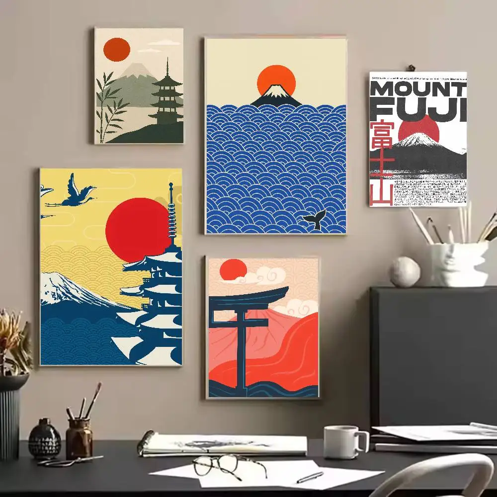 Japanese Ukiyo-e Mount Fuji Poster, Vintage Torii Gate Pagoda Big Wave Sunset Traditional Japan Scenery Living Room Decor