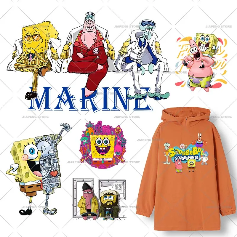 

SpongeBob Iron on Patches for Clothes Heat Transfers Cartoon Patrick Star Printed Thermal Stickers on Kids T-shirt Appliques DIY