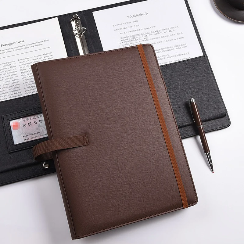 

Brown A4 Leather Elastic Band Portfolio Folder Loose Leaf Binders Organizer for Document 3 Hole Choral Sheet Music Note Folder