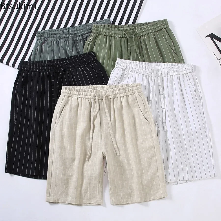 

Japanese Style Striped Cotton Linen Shorts Men's Loose Vintage Casual Drawstring Short Pants Breathable Beach Sport Shorts Male
