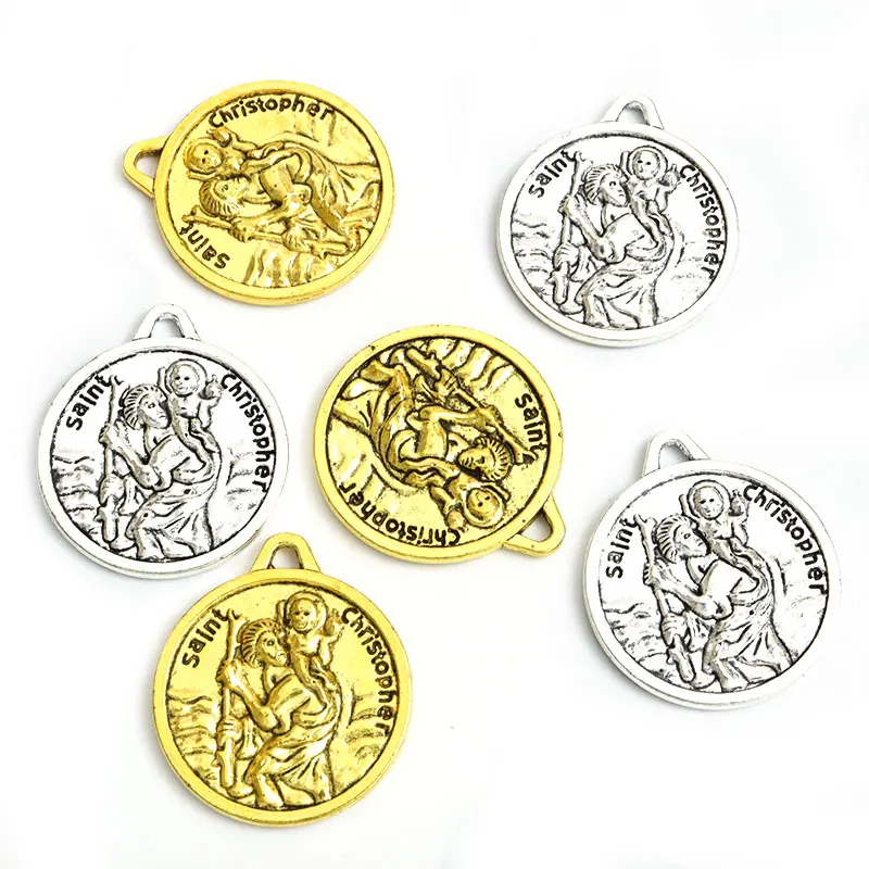 5pcs St. Christopher Metal Charms Catholic Patron Saint Antique Silver Gold Color Prayer Pendant Fit DIY Making Jewelry Necklace