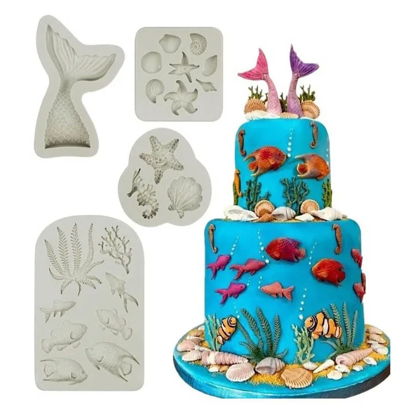 4PCS for Marine Theme Fondant Silicone Mold Seaweed Sea Fish Crab Coral Conch Sea Shells Shape DIY Handmade Baking Tools