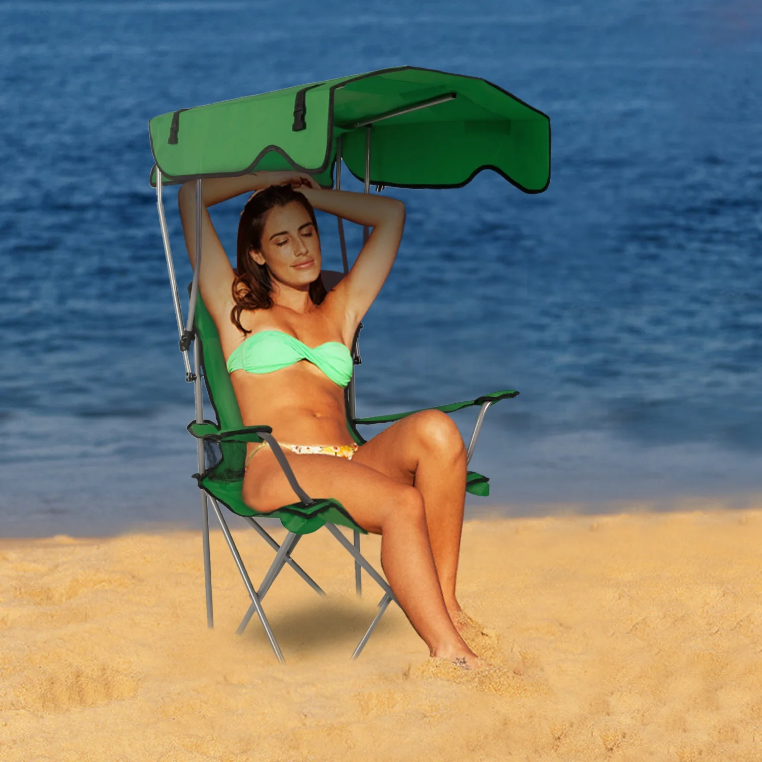 

Foldable Beach Canopy Chair Sun Protection Camping Lawn Canopy Chair 330LBS Load Folding Seat w/ Cup Holder For Beach Poolside