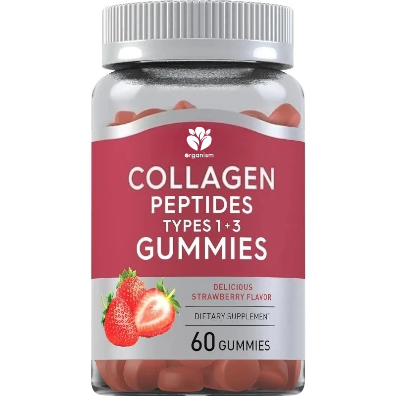 

Коллагеновые пептидные жевательные конфеты - 60 со вкусом клубники, тип 1 и добавки типа 3 | Без ГМО, без глютена