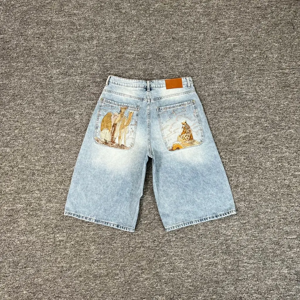 

Blue Updated Fit Embroidered Jeans Yasmin V3 Jorts Five-Minute Casual Loose Straight Leg Jeans for Teenagers mid Waist Button...