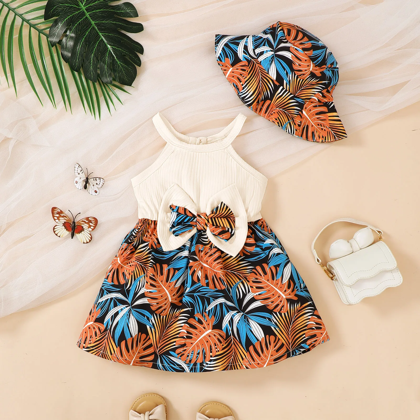 Baby girl summer dress sleeveless beautiful flower print vacation casual dress+hat 2pcs suitable for cute baby girls 0-3 Years