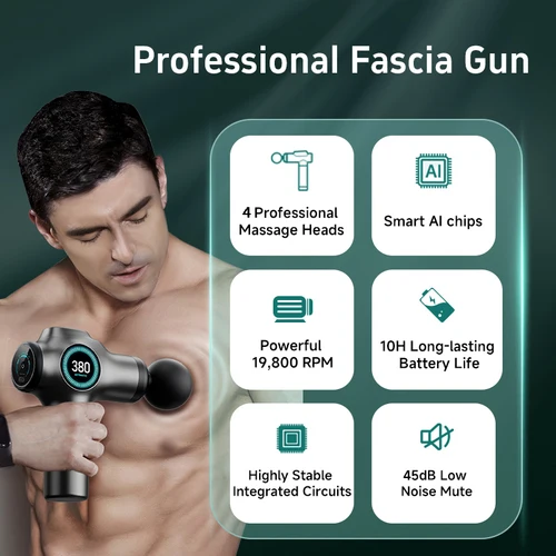Imagen 2 del producto Pistola de masaje de tejido profundo, pistola de Fascia muscular, pistola de masaje muscular para aliviar el dolor con 4 cabezales de masaje y 6 velocidades