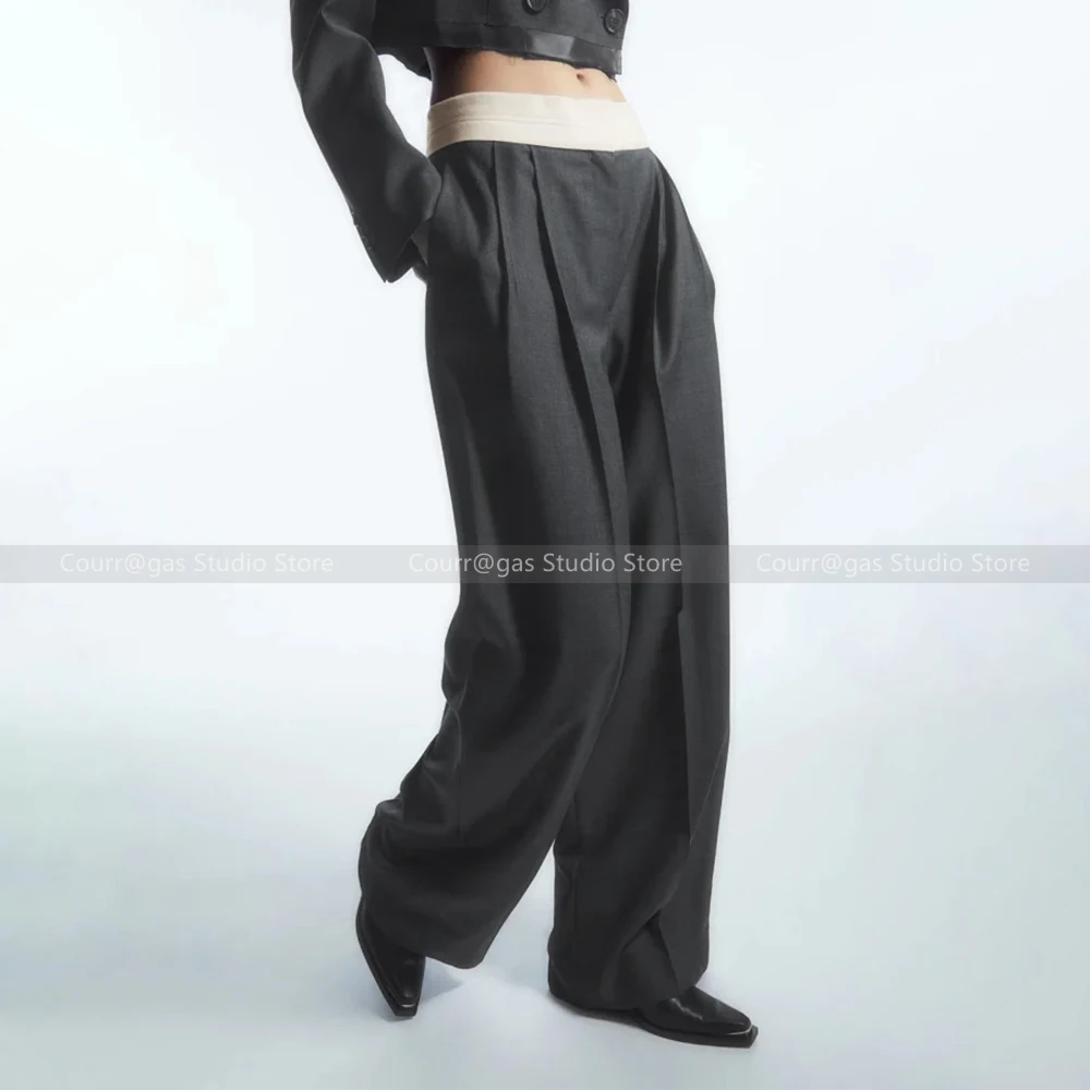 

Women's High-end Grey Patchwork Clash Waist Pleat High Waist Casual Western Trousers Trousers Early Autumn ‘24