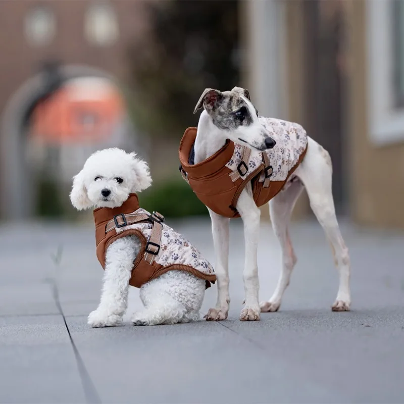 

Winter Dog Jacket with Harness Water Repellent Thicken Pet Dog Coat for Small Dogs Paw Printing Reflective Warm Dog Clothes