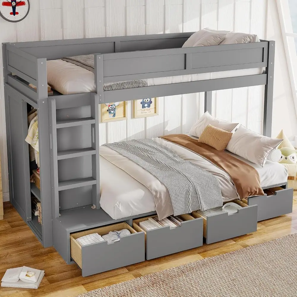 

Gray Twin Over Twin Bunk Bed with 4 Drawers, Built-in Wardrobe, and Full-Length Guardrails for Kids, Teens, and Adults