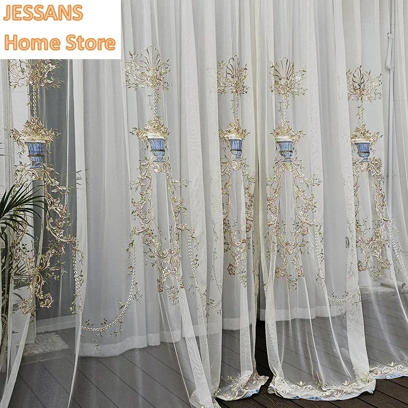 French Blue Embroidered Tulle Curtain American Bedroom Living Room High-end Villa European Curtain Door Screen Shutter