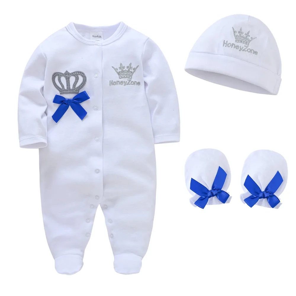 

3 Pcs a lot Baby Boys Clothes Set Romper+Hat+Glove 100% Cotton Long Sleeve Newborn Girls Clothing