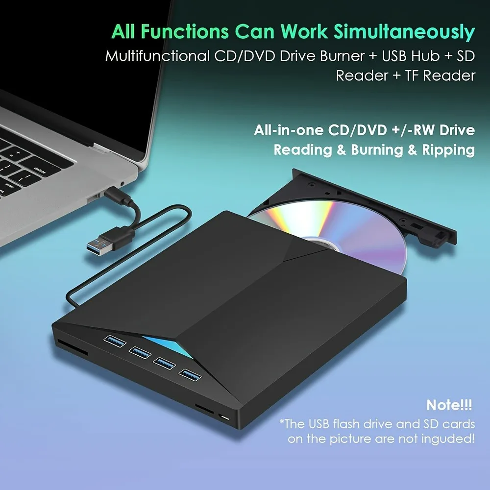 Внешний CD-DVD-привод 7-в-1 с 4 портами USB A и слотами для карт TF/SD для ноутбуков MacBook, настольных ПК, Windows 11/10/8/7 Linux Mac