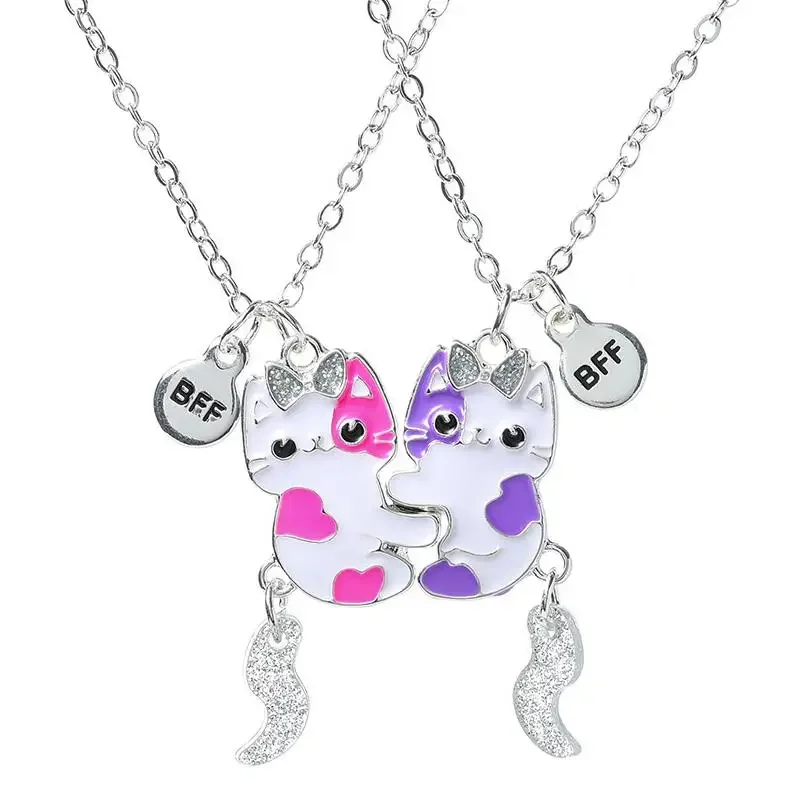 2Pcs Cute Cats Magnetic Necklace for Girls Women Lovely Best Friends Neko Bowknot Pendant Chain BFF Friendship Jewelry Gifts