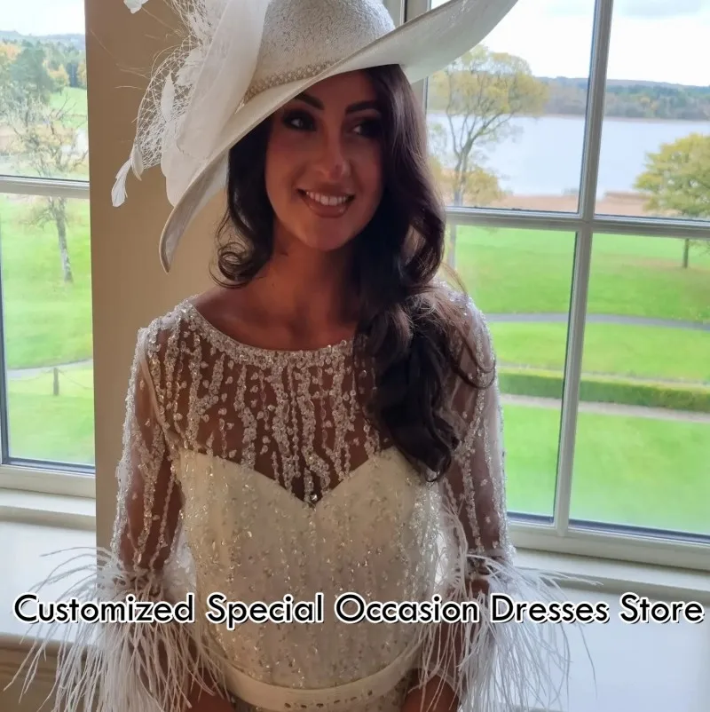 

Exquisite O Neck Sheath Mother Of the Bride Dress Elegant Tea-Length Long Sleeve Wedding Guest Gowns Feather Beaded Customized