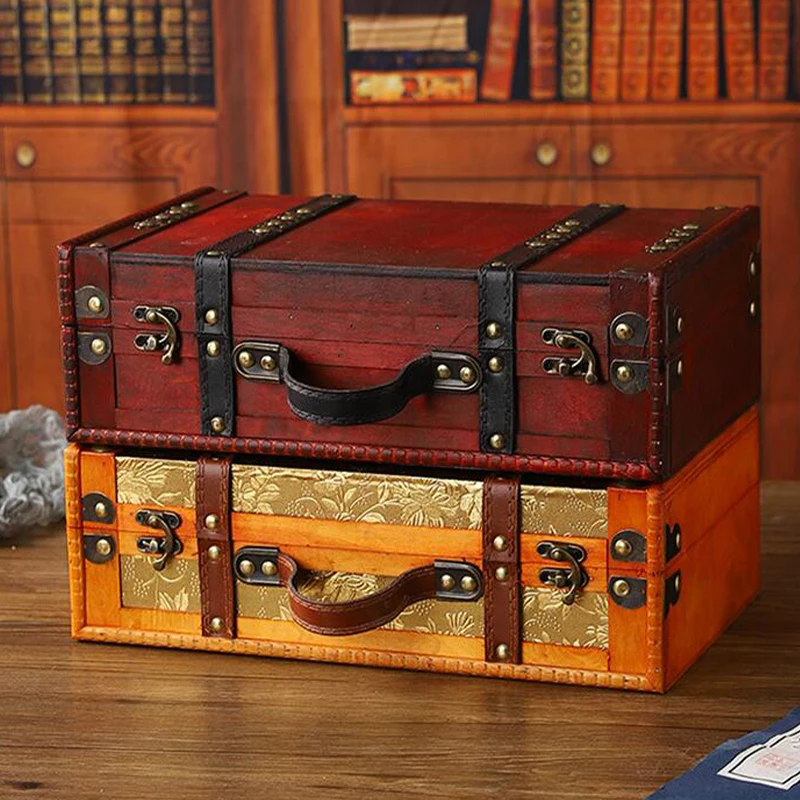 NEW Design Vintage Suitcase Wooden Storage Box W/Handle European Style Treasure Jewelry Chest Storage Case for Home Travel 